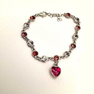 Silvertone Heart Charm Bracelet Pink and Clear Swarovski Crystals NWT